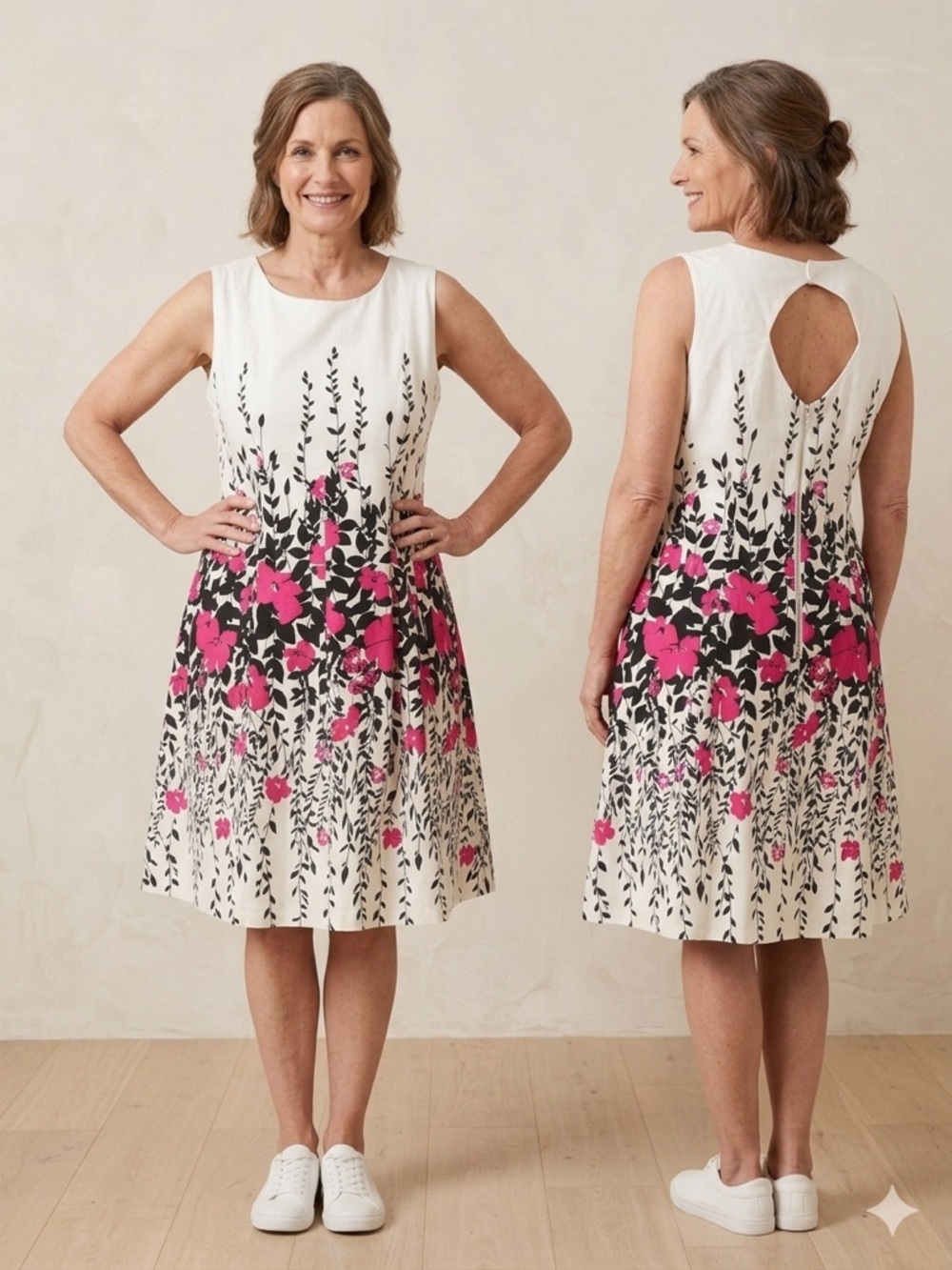 Ricki's White Sleeveless Midi Dress with Black Leaf Print and Hot Pink Flowers